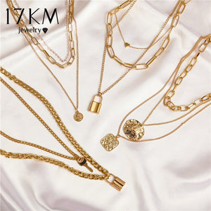 17KM Fashion Multi Layer Lock Portrait Pendants Necklaces For Women Gold Metal Key Heart Necklace New Design Jewelry Gift