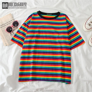 Duckwaver Sweet Rainbow Stripe Women Summer T-Shirt Minimalist Short Sleeve Women clothes Vogue Tops tee shirt couple clothes