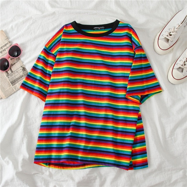 Duckwaver Sweet Rainbow Stripe Women Summer T-Shirt Minimalist Short Sleeve Women clothes Vogue Tops tee shirt couple clothes