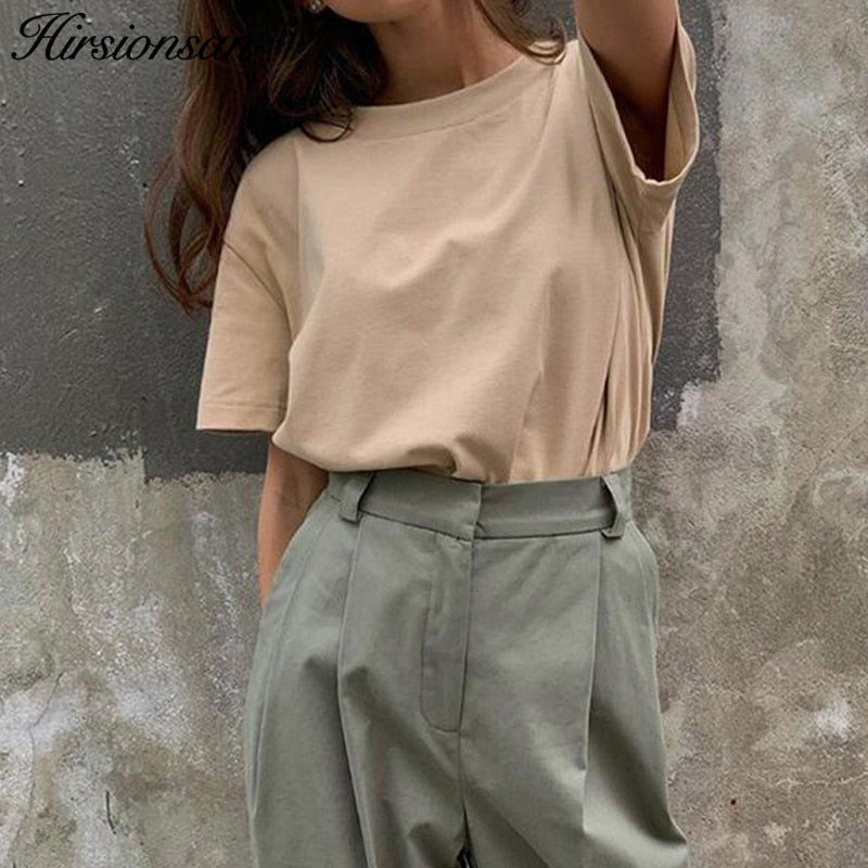 Hirsionsan Basic Cotton T Shirt Women Summer New Oversized Solid Tees 7 Color Casual Loose Tshirt Korean O Neck Female Tops