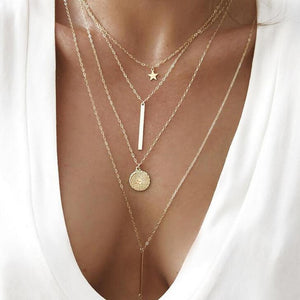 Vintage Multilayer Crystal Pendant Necklace Women Gold Color Beads Moon Star Horn Crescent Choker Necklaces Jewelry New