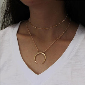 Vintage Multilayer Crystal Pendant Necklace Women Gold Color Beads Moon Star Horn Crescent Choker Necklaces Jewelry New