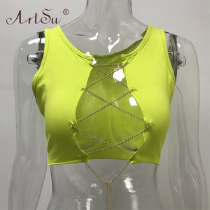 ArtSu Red Black White Metal Chain Sleeveless Crop Top Sexy Clubwear Women Adjustable Lace Up Hollow Out Tank Tops Tees Camisole