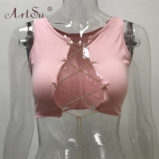 ArtSu Red Black White Metal Chain Sleeveless Crop Top Sexy Clubwear Women Adjustable Lace Up Hollow Out Tank Tops Tees Camisole