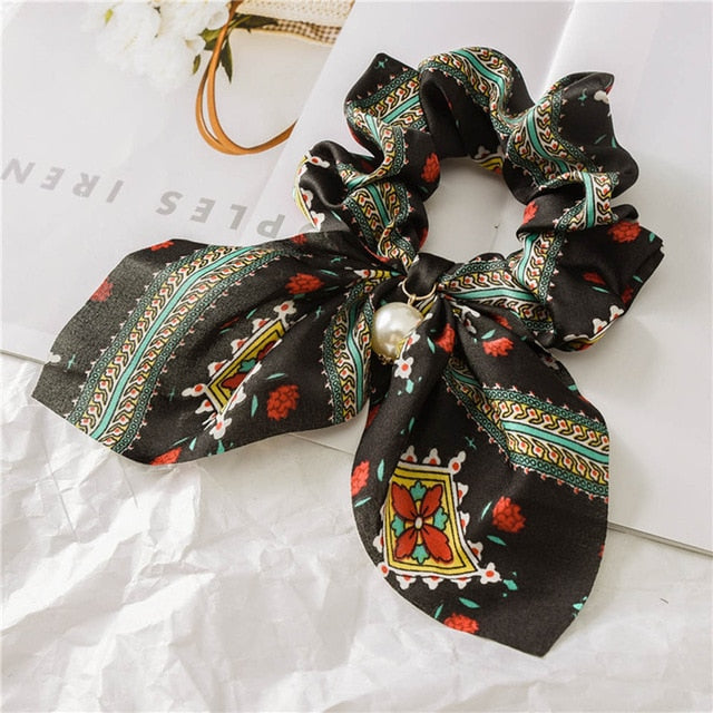 2020 New Chiffon Bowknot Silk Hair Scrunchies Women Pearl Ponytail Holder Hair Tie Hair Rope Rubber Bands Hair Accessories