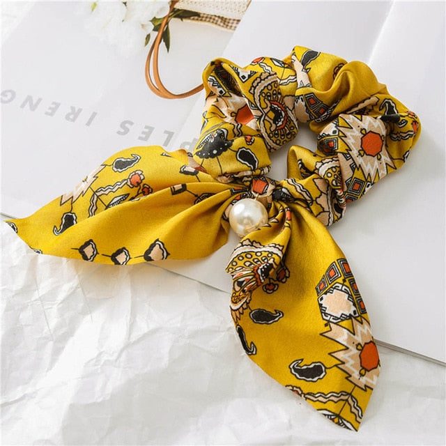 2020 New Chiffon Bowknot Silk Hair Scrunchies Women Pearl Ponytail Holder Hair Tie Hair Rope Rubber Bands Hair Accessories