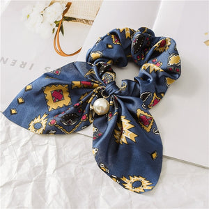 2020 New Chiffon Bowknot Silk Hair Scrunchies Women Pearl Ponytail Holder Hair Tie Hair Rope Rubber Bands Hair Accessories