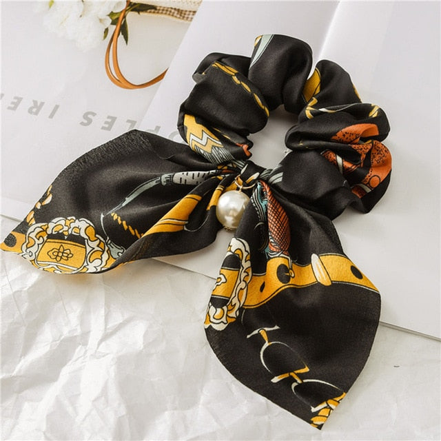 2020 New Chiffon Bowknot Silk Hair Scrunchies Women Pearl Ponytail Holder Hair Tie Hair Rope Rubber Bands Hair Accessories