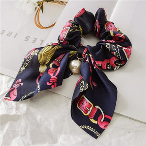 2020 New Chiffon Bowknot Silk Hair Scrunchies Women Pearl Ponytail Holder Hair Tie Hair Rope Rubber Bands Hair Accessories