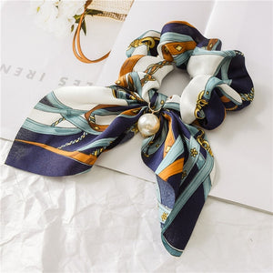 2020 New Chiffon Bowknot Silk Hair Scrunchies Women Pearl Ponytail Holder Hair Tie Hair Rope Rubber Bands Hair Accessories