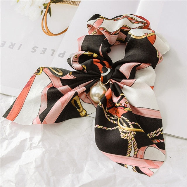 2020 New Chiffon Bowknot Silk Hair Scrunchies Women Pearl Ponytail Holder Hair Tie Hair Rope Rubber Bands Hair Accessories