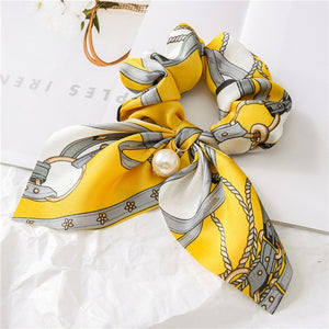 2020 New Chiffon Bowknot Silk Hair Scrunchies Women Pearl Ponytail Holder Hair Tie Hair Rope Rubber Bands Hair Accessories