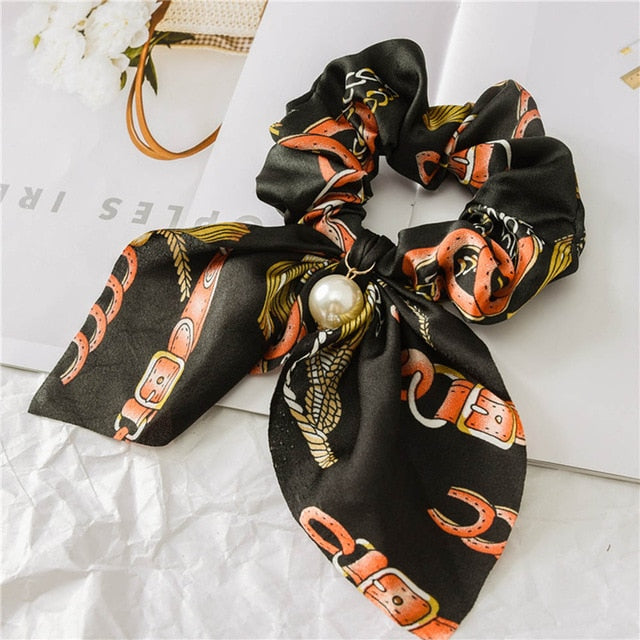 2020 New Chiffon Bowknot Silk Hair Scrunchies Women Pearl Ponytail Holder Hair Tie Hair Rope Rubber Bands Hair Accessories