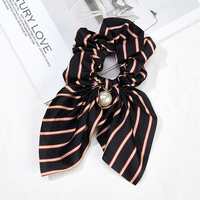 2020 New Chiffon Bowknot Silk Hair Scrunchies Women Pearl Ponytail Holder Hair Tie Hair Rope Rubber Bands Hair Accessories