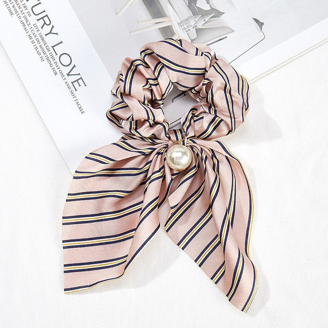 2020 New Chiffon Bowknot Silk Hair Scrunchies Women Pearl Ponytail Holder Hair Tie Hair Rope Rubber Bands Hair Accessories