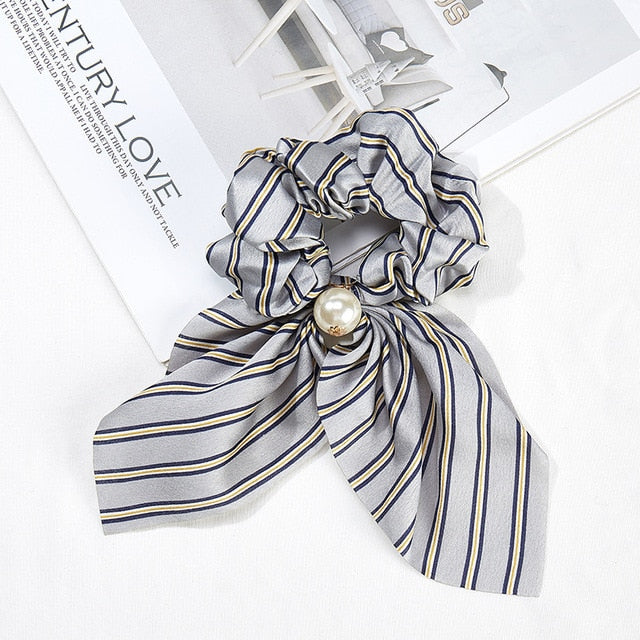 2020 New Chiffon Bowknot Silk Hair Scrunchies Women Pearl Ponytail Holder Hair Tie Hair Rope Rubber Bands Hair Accessories