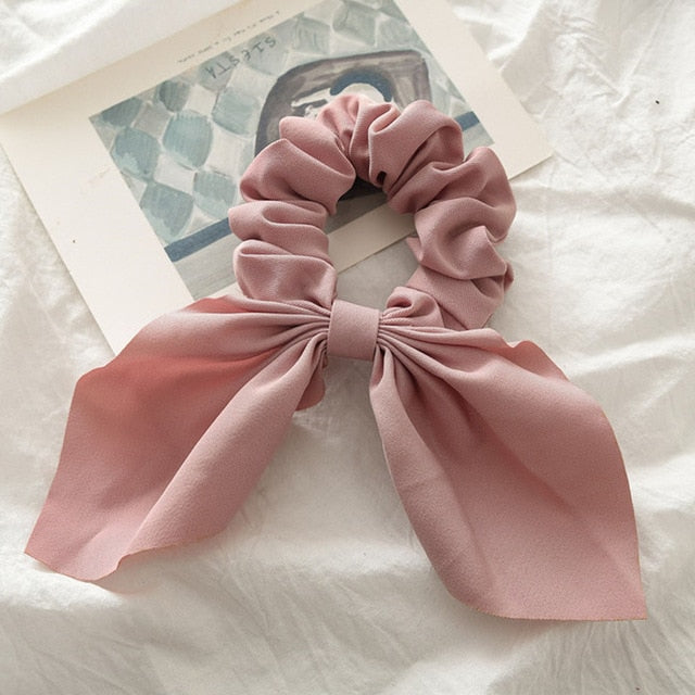 2020 New Chiffon Bowknot Silk Hair Scrunchies Women Pearl Ponytail Holder Hair Tie Hair Rope Rubber Bands Hair Accessories