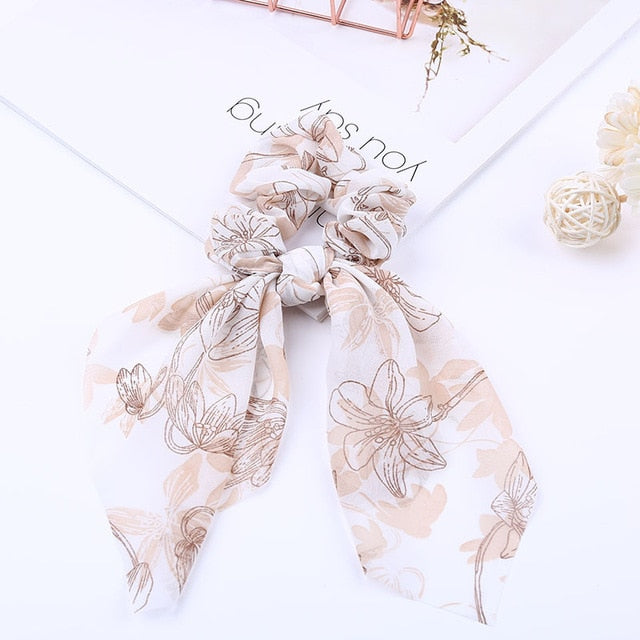 2020 New Chiffon Bowknot Silk Hair Scrunchies Women Pearl Ponytail Holder Hair Tie Hair Rope Rubber Bands Hair Accessories