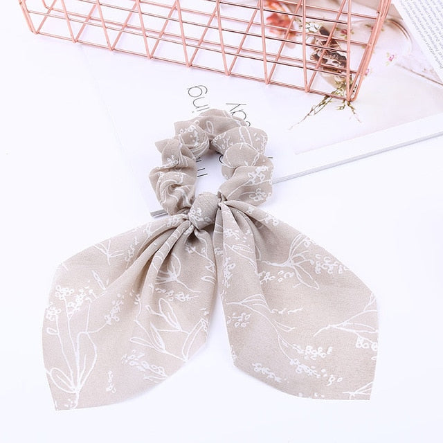 2020 New Chiffon Bowknot Silk Hair Scrunchies Women Pearl Ponytail Holder Hair Tie Hair Rope Rubber Bands Hair Accessories