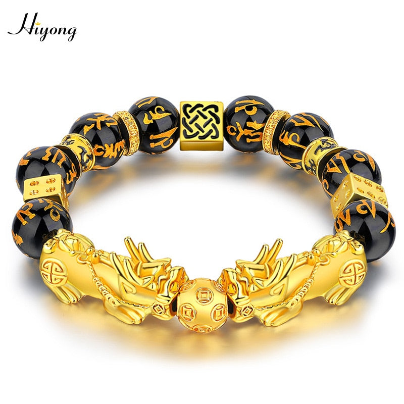 Black Obsidian Stone Beads Bracelet Pixiu Feng Shui Bracelet Gold Color Buddha Good Luck Wealth Bracelets for Women Men Jewelry