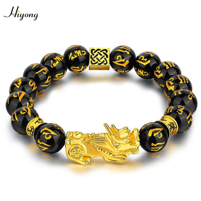 Black Obsidian Stone Beads Bracelet Pixiu Feng Shui Bracelet Gold Color Buddha Good Luck Wealth Bracelets for Women Men Jewelry