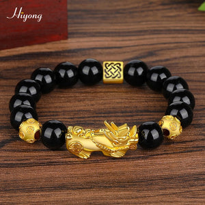 Black Obsidian Stone Beads Bracelet Pixiu Feng Shui Bracelet Gold Color Buddha Good Luck Wealth Bracelets for Women Men Jewelry