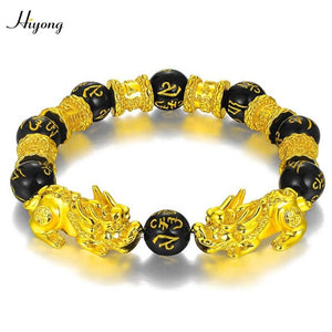 Black Obsidian Stone Beads Bracelet Pixiu Feng Shui Bracelet Gold Color Buddha Good Luck Wealth Bracelets for Women Men Jewelry