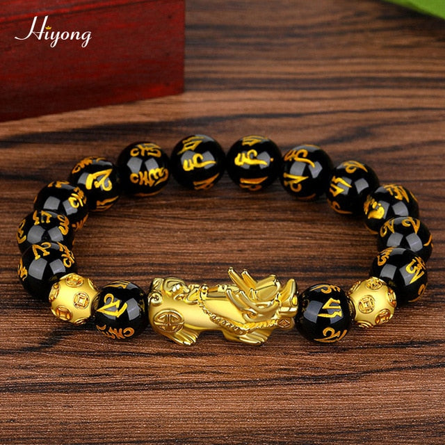 Black Obsidian Stone Beads Bracelet Pixiu Feng Shui Bracelet Gold Color Buddha Good Luck Wealth Bracelets for Women Men Jewelry