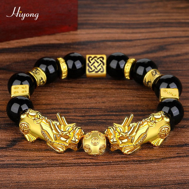 Black Obsidian Stone Beads Bracelet Pixiu Feng Shui Bracelet Gold Color Buddha Good Luck Wealth Bracelets for Women Men Jewelry