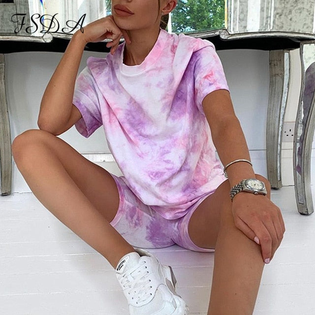 FSDA Women Set Summer Tie Dye Short Sleeve Top Shirt Loose And Biker Shorts Casual Two Piece Set Streetwear Outfits Tracksuits