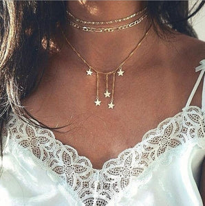 Vintage Multilayer Crystal Pendant Necklace Women Gold Color Beads Moon Star Horn Crescent Choker Necklaces Jewelry New