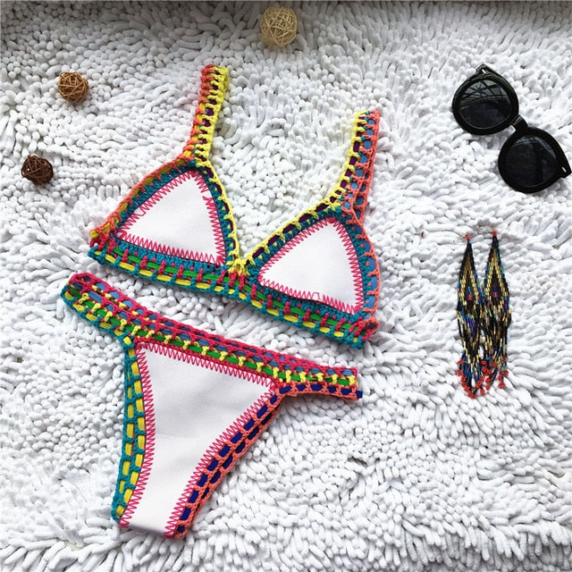 Micro Bikini 2019 Women Handmade Crochet Knit Swimwear Halter Patchwork Bathing Suit Swimsuit Biquini Thong Bikini traje de bano