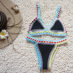 Micro Bikini 2019 Women Handmade Crochet Knit Swimwear Halter Patchwork Bathing Suit Swimsuit Biquini Thong Bikini traje de bano