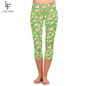 LETSFIND Fashion Cute Hand Painted Watercolor Sloths Print Plus Size Elastic Capri Leggings High Waist Women Fitness Leggings