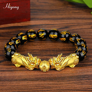 Black Obsidian Stone Beads Bracelet Pixiu Feng Shui Bracelet Gold Color Buddha Good Luck Wealth Bracelets for Women Men Jewelry