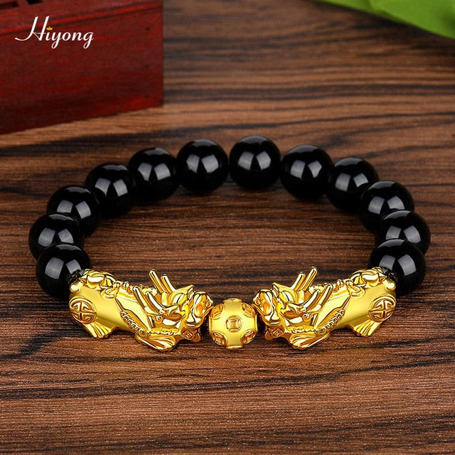 Black Obsidian Stone Beads Bracelet Pixiu Feng Shui Bracelet Gold Color Buddha Good Luck Wealth Bracelets for Women Men Jewelry