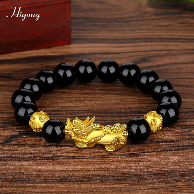 Black Obsidian Stone Beads Bracelet Pixiu Feng Shui Bracelet Gold Color Buddha Good Luck Wealth Bracelets for Women Men Jewelry