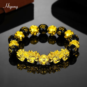 Black Obsidian Stone Beads Bracelet Pixiu Feng Shui Bracelet Gold Color Buddha Good Luck Wealth Bracelets for Women Men Jewelry