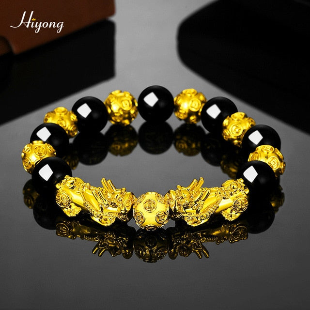 Black Obsidian Stone Beads Bracelet Pixiu Feng Shui Bracelet Gold Color Buddha Good Luck Wealth Bracelets for Women Men Jewelry