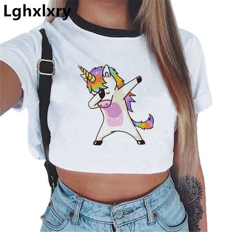 2019 Harajuku Funny Unicorn T Shirt Women Tops Kawaii Harajuku T-shirt Female Summer Crop Top Tshirt Licorne Sexy Tees Cropped